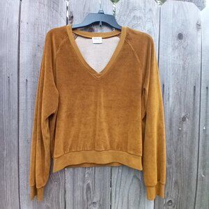 P S T Los Angeles Top Womens Sz M Brown Velvet Top Long Sleeve V-Neck Pullover